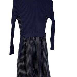 Blue and White Ribbed Cold Shoulder Midi Dress